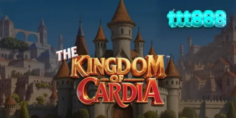 Tampilan visual slot The Kingdom of Cardia dengan latar belakang taman fantasi dan simbol kartu remi.